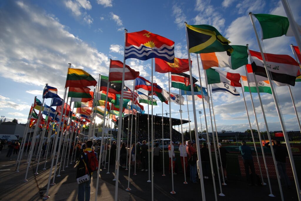 World flags displayed in Eugene Oregon at the IAATF world junior championships
